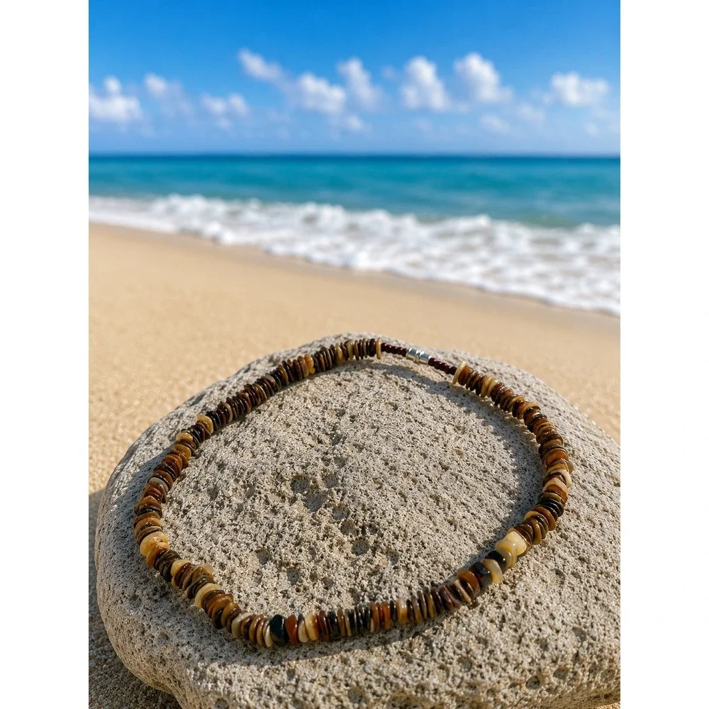 Vintage 70s 80s 90s Shell Chip Necklace Brown Translucent Surfer Choker Barrel